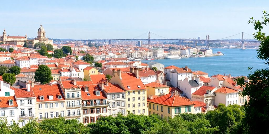 Vibrant Lisbon skyline with colorful buildings and river.