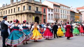 Traditional dancers celebrating at a vibrant Portuguese festival.