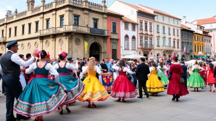 Traditional dancers celebrating at a vibrant Portuguese festival.