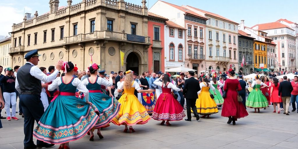 Traditional dancers celebrating at a vibrant Portuguese festival.