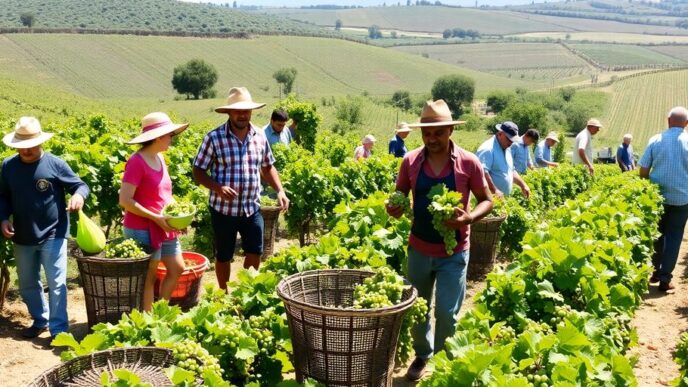 Diverse workers harvesting grapes in a vineyard.