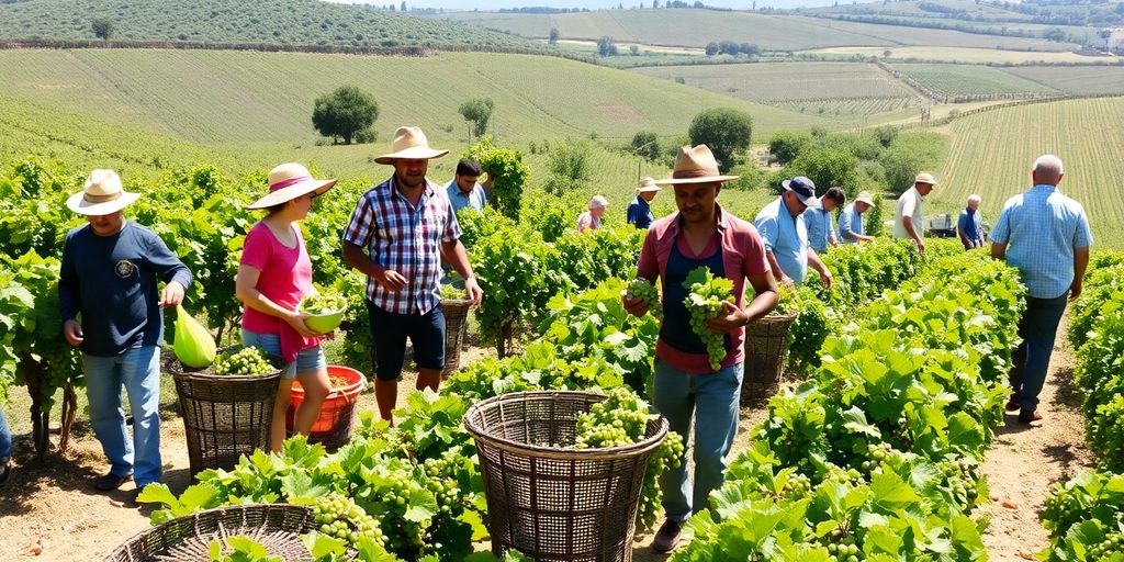 Diverse workers harvesting grapes in a vineyard.