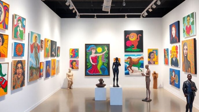 Contemporary art gallery featuring vibrant Portuguese artworks.