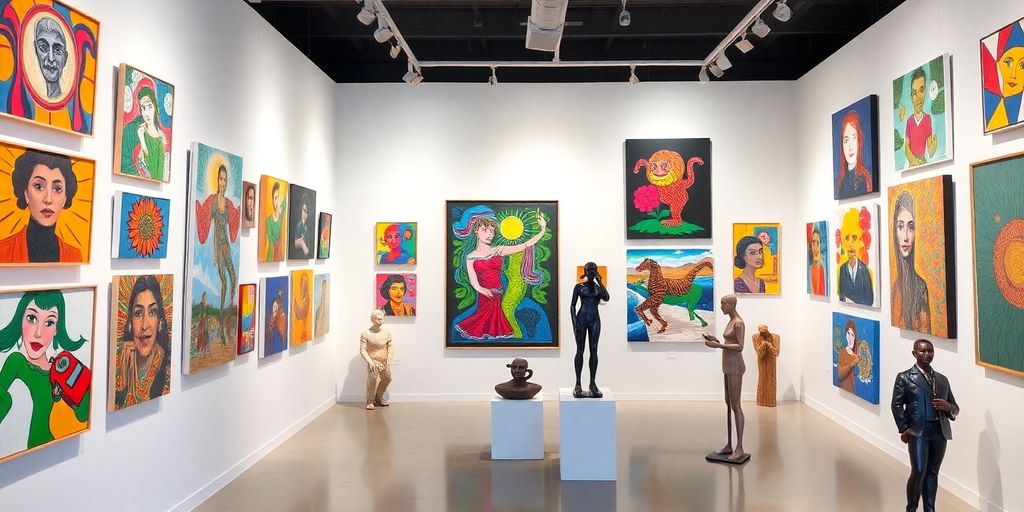 Contemporary art gallery featuring vibrant Portuguese artworks.