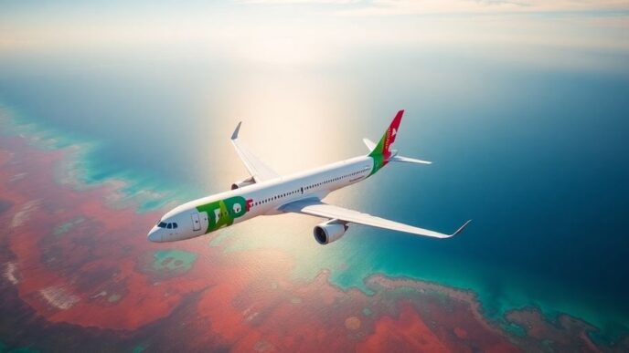 TAP Air Portugal airplane flying over the ocean.