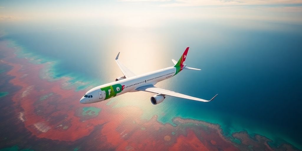 TAP Air Portugal airplane flying over the ocean.