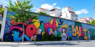 Colorful street mural on a Lisbon city wall.