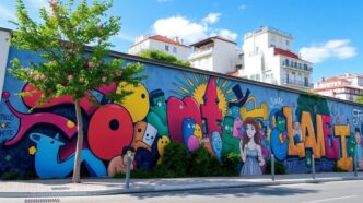 Colorful street mural on a Lisbon city wall.