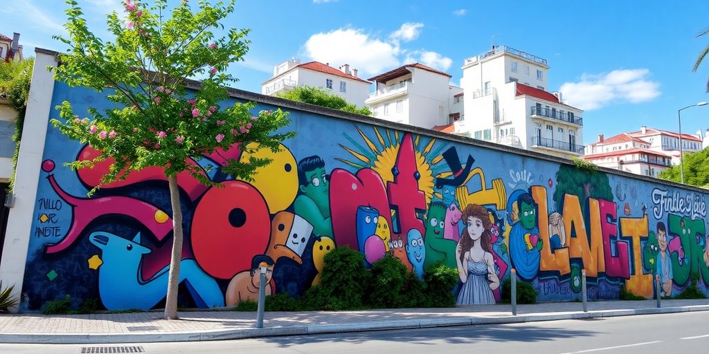 Colorful street mural on a Lisbon city wall.