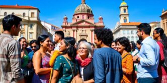 Diverse group of people interacting in front of Portuguese architecture.