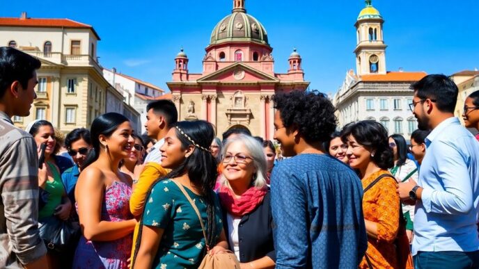 Diverse group of people interacting in front of Portuguese architecture.