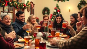 People celebrating Christmas Eve with drinks in Portugal.