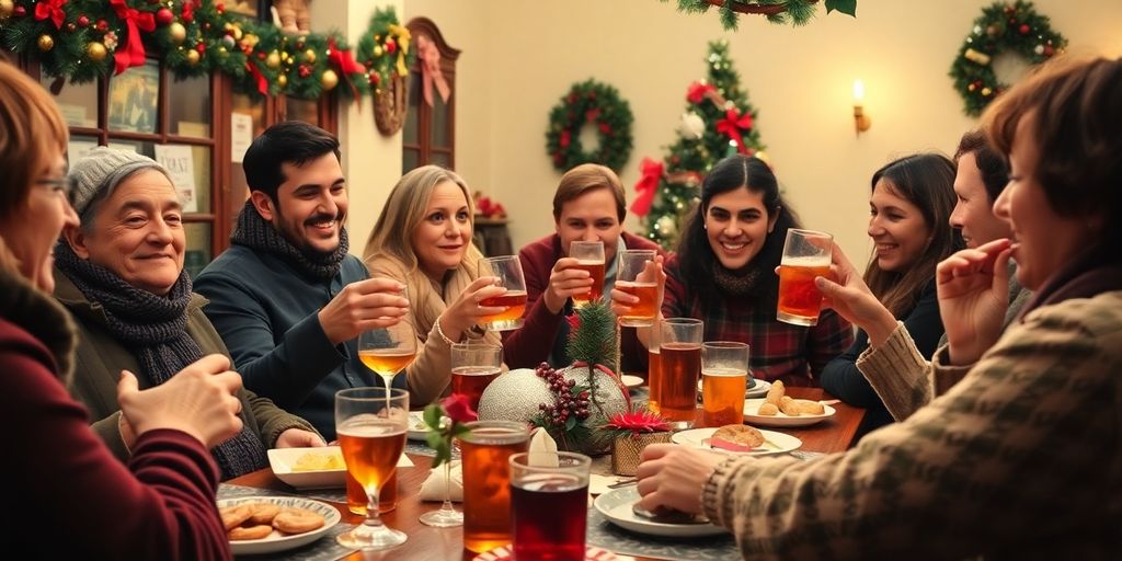 People celebrating Christmas Eve with drinks in Portugal.