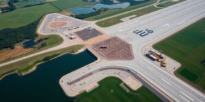 Lisbon Airport expansion with machinery and green landscapes.