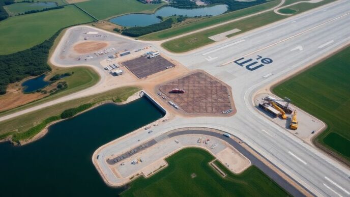 Lisbon Airport expansion with machinery and green landscapes.