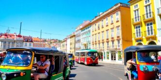 Tuk-tuks driving through colorful Lisbon streets.