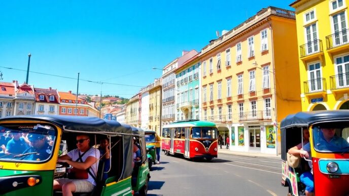 Tuk-tuks driving through colorful Lisbon streets.