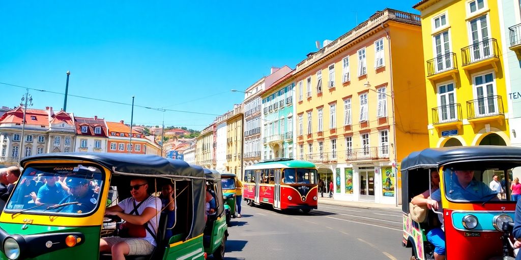 Tuk-tuks driving through colorful Lisbon streets.