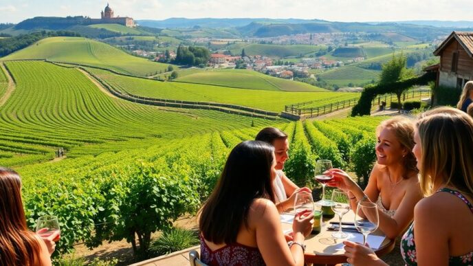 Vineyards in Portugal with people enjoying wine outdoors.