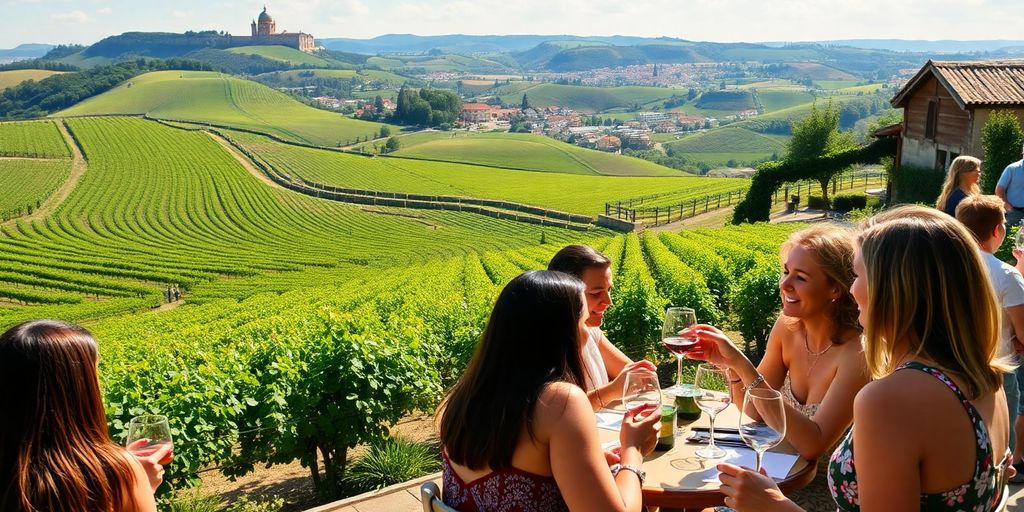 Vineyards in Portugal with people enjoying wine outdoors.