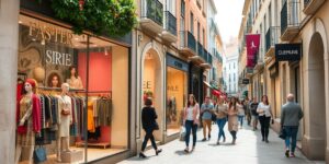 Stylish boutiques and trendy shoppers in Portugal.