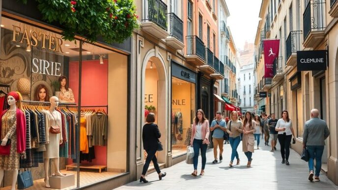 Stylish boutiques and trendy shoppers in Portugal.