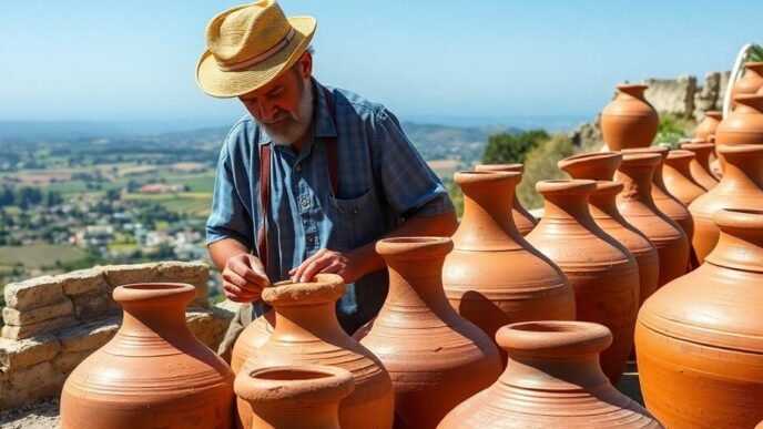 Artisans crafting clay pots in Portugal's scenic landscape.