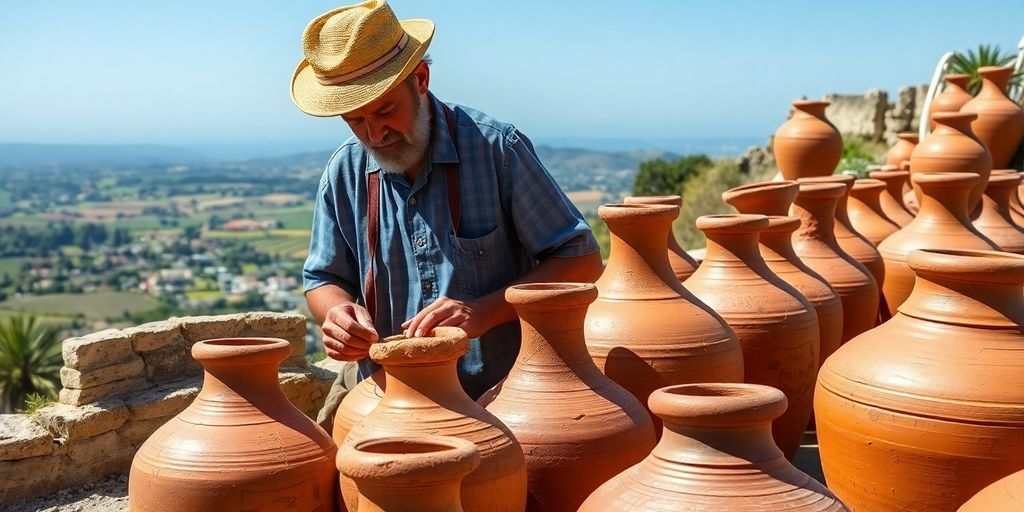 Artisans crafting clay pots in Portugal's scenic landscape.