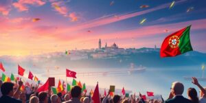 Colorful party banners in Lisbon's political scene.