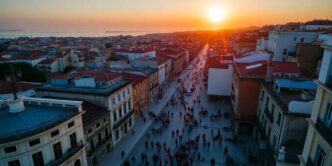 Vibrant streets of a Portuguese city during sunset.