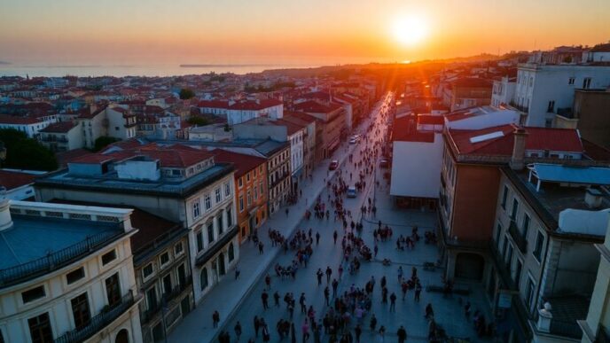 Vibrant streets of a Portuguese city during sunset.