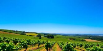 Vineyard in Portugal with lush grapevines and rolling hills.