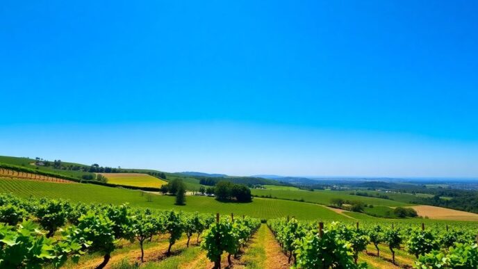 Vineyard in Portugal with lush grapevines and rolling hills.