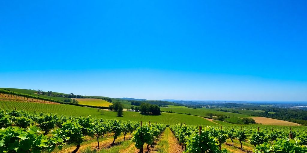 Vineyard in Portugal with lush grapevines and rolling hills.