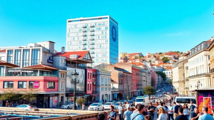 Lisbon cityscape with modern architecture and tech startups.