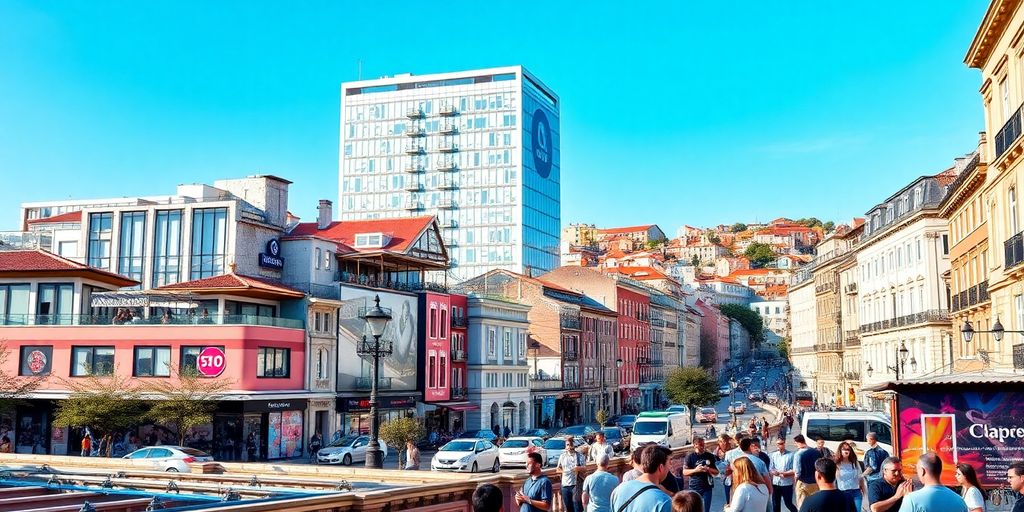 Lisbon cityscape with modern architecture and tech startups.