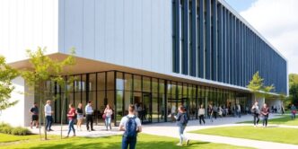 Modern business school with students engaging outside.