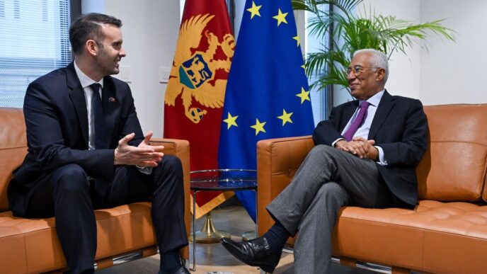 Politicians Antonio Costa sits with Mickey Spajic with flags in the nackground