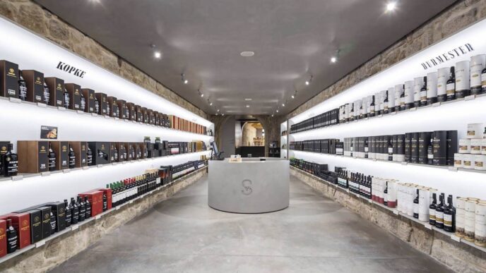 Interior of a Sogevinus shop with shelves filled with wine bottles.