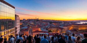 Lisbon cityscape with people networking at sunset.