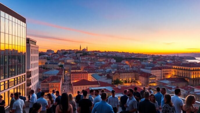 Lisbon cityscape with people networking at sunset.