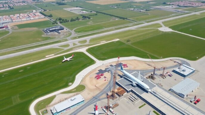 Aerial view of Lisbon Airport with construction activity.