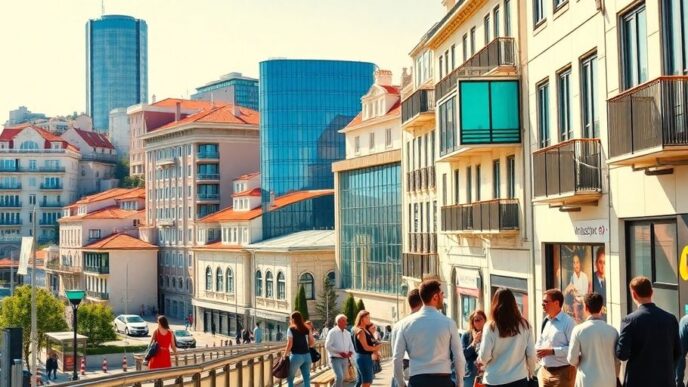 Lisbon cityscape with modern tech offices and networking professionals.