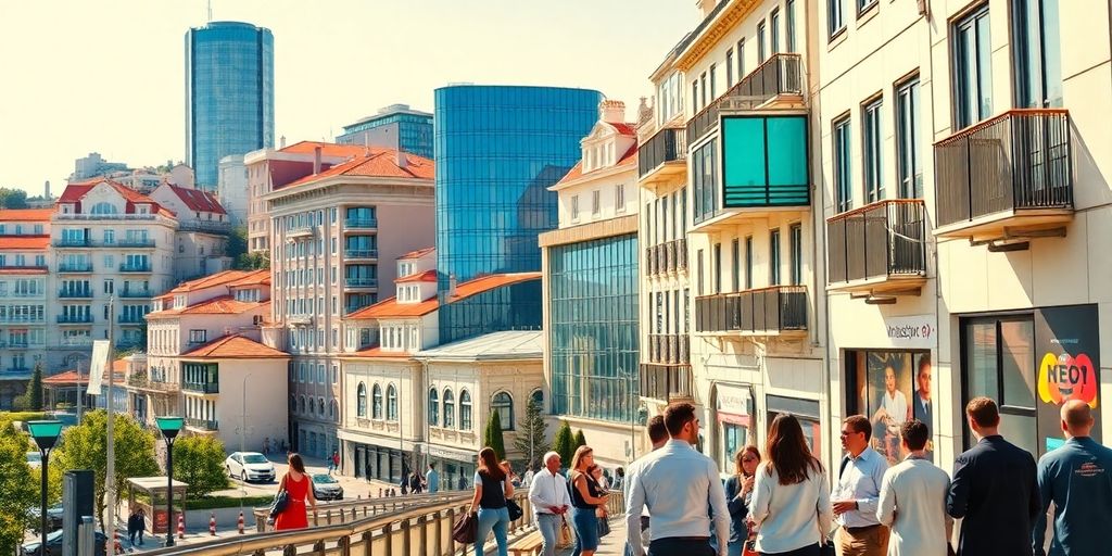 Lisbon cityscape with modern tech offices and networking professionals.