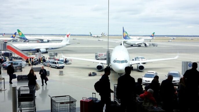 Busy airport with grounded planes and waiting passengers.