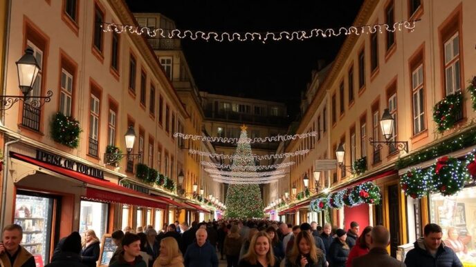 festive Christmas decorations and lights in Portuguese streets