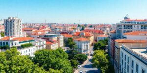 Vibrant Lisbon cityscape with modern architecture and greenery.