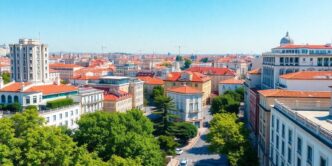 Vibrant Lisbon cityscape with modern architecture and greenery.