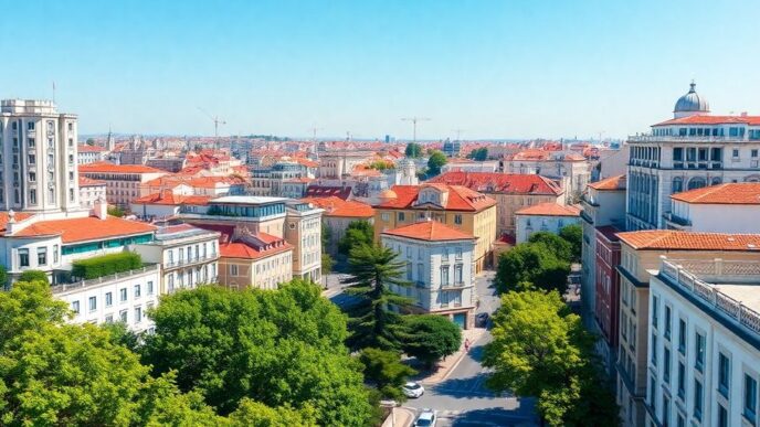 Vibrant Lisbon cityscape with modern architecture and greenery.