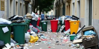 Lisbon street littered with waste and overflowing bins.